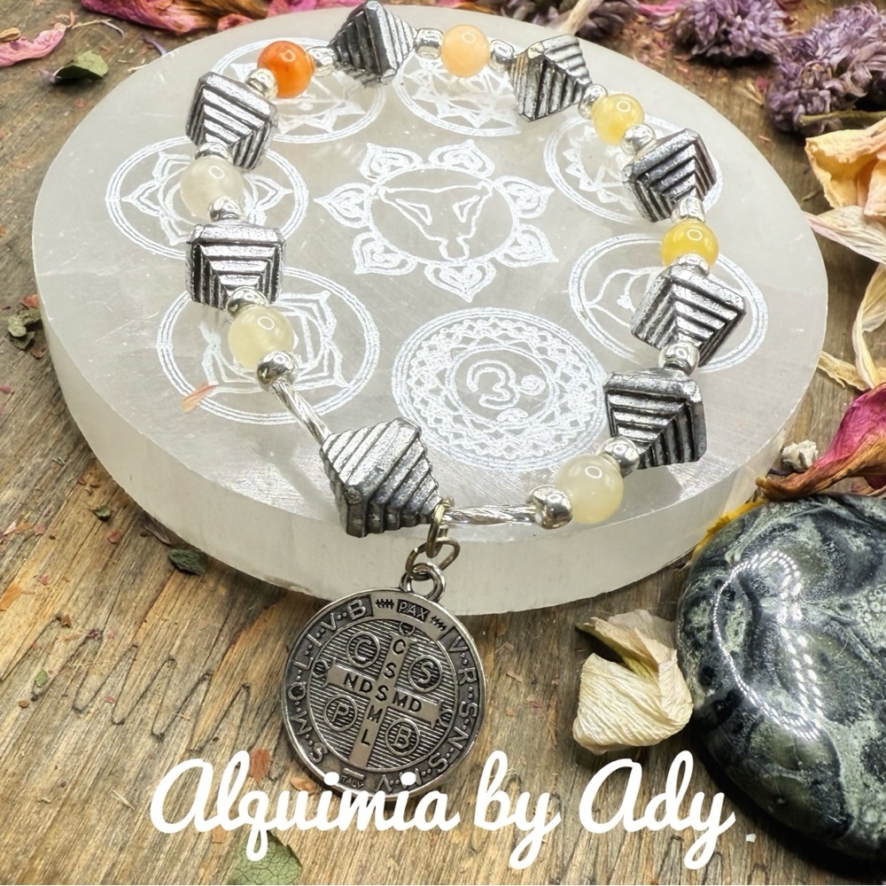 Silver and orange agate Bracelet with big Saint Benedict medal charm adorned